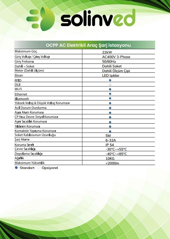 SOLINVED 22 KW ANGORA MODEL (OCPP) AC ŞARJ İSTASYONU