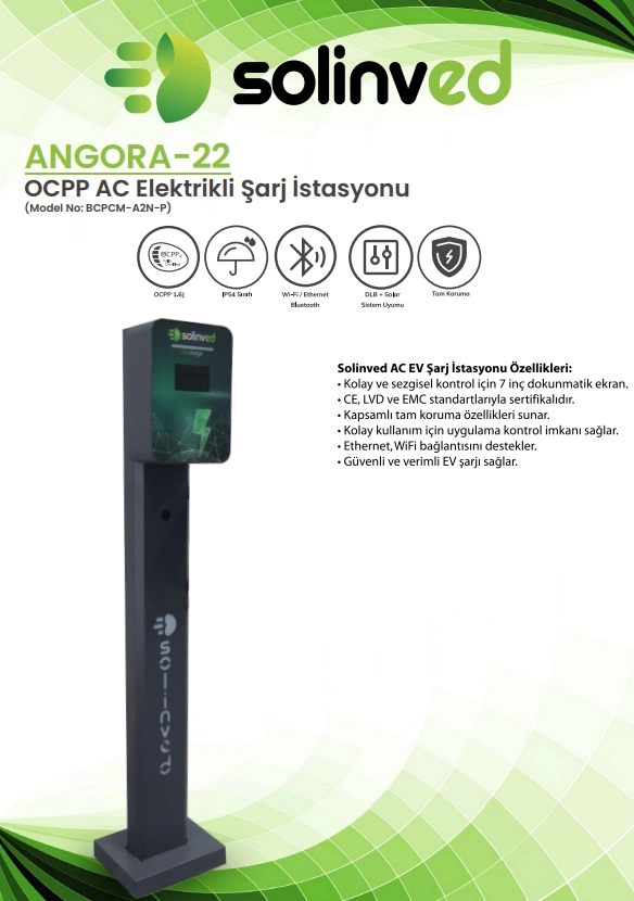 SOLINVED 22 KW ANGORA MODEL (OCPP) AC ŞARJ İSTASYONU
