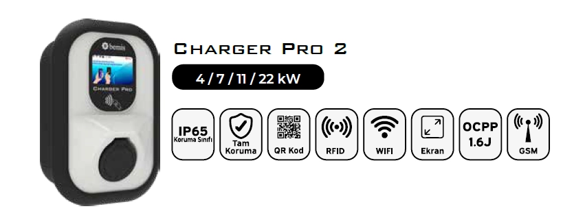 Bemis 11-22 kW Charger Pro 2 Kablolu Duvar Tipi AC Şarj Cihazı