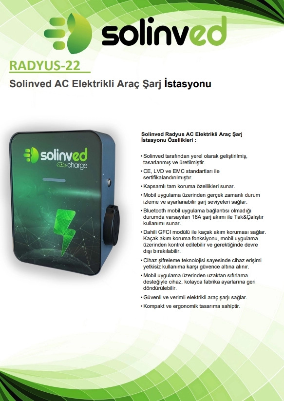 SOLINVED 22 kW RADIUS MODEL AC ŞARJ İSTASYONU